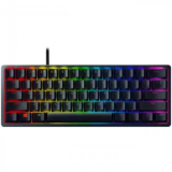 Razer Huntsman Mini - Clicky Optical (Purple Switch) - US - Black, Gaming Keyboard, Razer™ Optical Switches, size 60%, RGB Chroma, Doubleshot PBT Keycaps With Side-Printed Secondary Functions, Standard Bottom Row Layout, Fully programmable keys with on-the-fly macro recording, 1000 Hz Ultrapolling, Aluminum construction