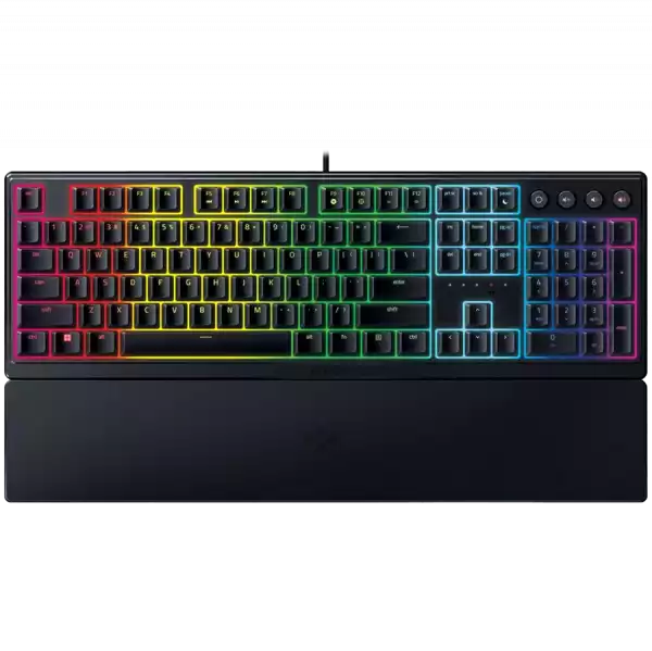 Razer Ornata V3, Mecha-membrane switches, 10 Razer Chroma™ RGB Lighting Zones, 1000 Hz Ultrapolling, Backlit keys, UV coated ABS Keycaps, Soft-touch wrist rest