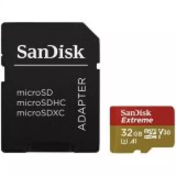 SANDISK Extreme microSDHC 32GB for Action Cams and Drones + SD Adapter - 100MB/s A1 C10 V30 UHS-I U3