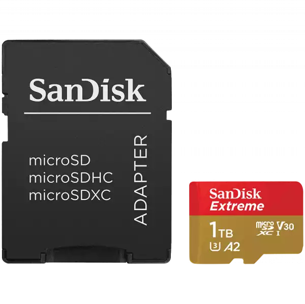SANDISK Extreme microSDXC 1TB + SD Adapter + 1 year RescuePRO Deluxe up to 190MB/s & 130MB/s Read/Write speeds A2 C10 V30 UHS-I U3
