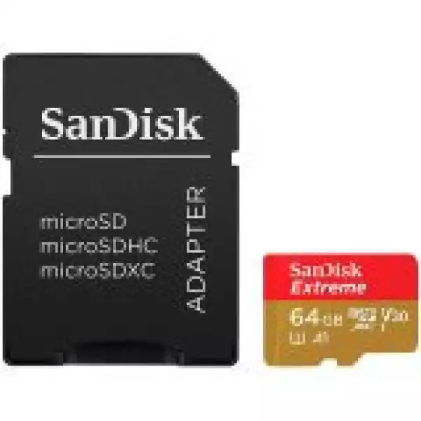 SANDISK Extreme microSDXC 64GB for Action Cams and Drones + SD Adapter 160MB/s A2 C10 V30 UHS-I U3