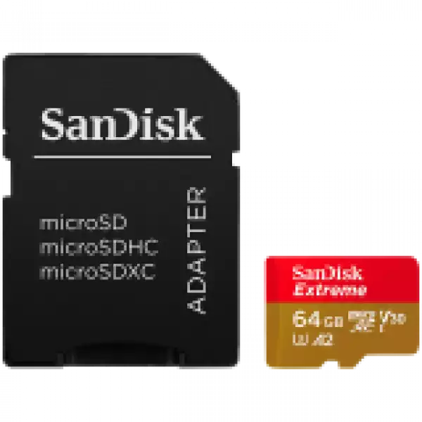 SANDISK Extreme microSDXC 64GB for Action Cams and Drones + SD Adapter + 1 year RescuePRO Deluxe up to 170MB/s & 80MB/s Read/Write speeds A2 C10 V30 UHS-I U3