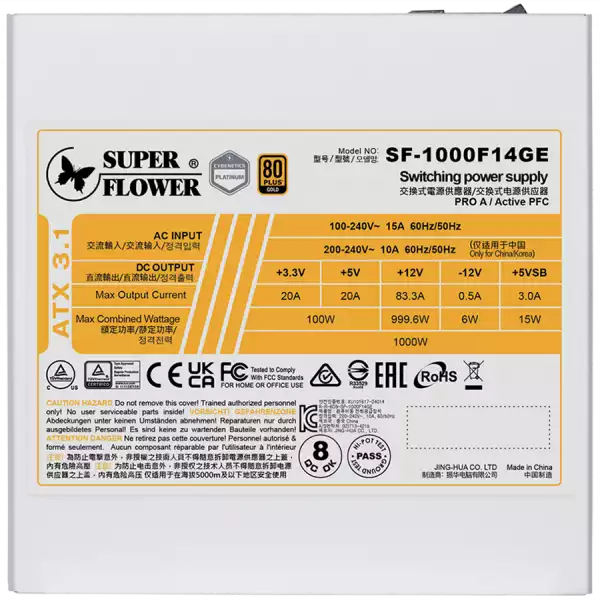 Super Flower Leadex III Gold 1000W ATX 3.1 80 Plus Gold, Fully Modular, Flat White Cables, 140mm Fan, White, 7 Year Warranty