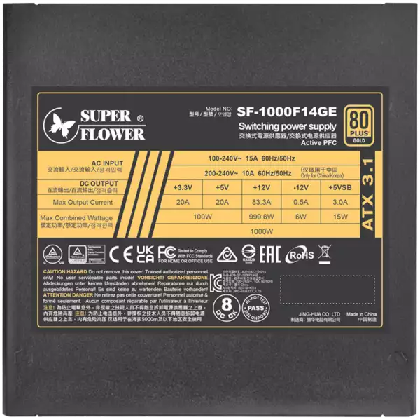 Super Flower Leadex III Gold 1000W ATX 3.1, 80 Plus Gold, Fully Modular, Flat Black Cables, 140mm Fan, 150mmx150mmx86mm, 7 Year Warranty