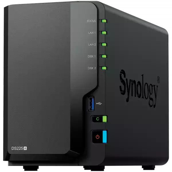 Synology DS225+, Tower, 2-bays 3.5'' SATA HDD/SSD, CPU Inte Celeron J4125 4-core (4-thread) 2.0 GHz, burst up to 2.7 GHz, 2 GB DDR4 non-ECC (expandable up to 6 GB), 1xRJ-45 1GbE LAN, 1xRJ-45 2.5 GbE LAN, 2xUSB 3.2 Gen 1, 1.3 kg, 3yr warranty Synology DS225+, Tower, 2-bays 3.5'' SATA HDD/SSD, CPU Inte Celeron J4125 4-core (4-thread) 2.0 GHz, burst up to 2.7 GHz, 2 GB DDR4 non-ECC (expandable up to 6 GB), 1xRJ-45 1GbE LAN, 1xRJ-45 2.5 GbE LAN, 2xUSB 3.2 Gen 1, 1.3 kg, 3yr warranty