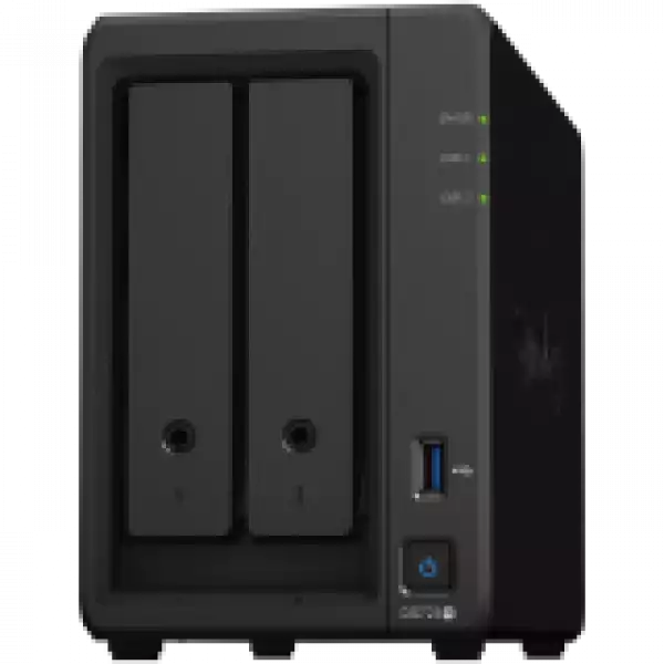 Synology DS723+, Tower, 2-Bays 3.5'' SATA HDD/SSD, 2 x M.2 2280 NVMe SSD, CPU AMD Ryzen R1600 dual-core (4-thread), max. boost up to 3.1 GHz, 2 GB DDR4 ECC SODIMM, 2 x 1GbE RJ-45, 1 X USB 3.2, 1 x eSATA, 1.51 kg, 3y