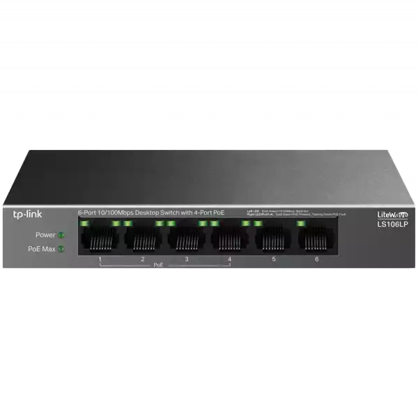 TP-Link LS106LP 6-Port 10/100 Mbps Desktop Switch with 4-Port PoE, 4× 10/100 Mbps PoE Ports, 2× 10/100 Mbps Non-PoE Ports, 802.3af, 41 W PoE Power, Desktop Steel Case, Extend Mode for 250m PoE Transmitting, PoE Auto Recovery, Plug and Play