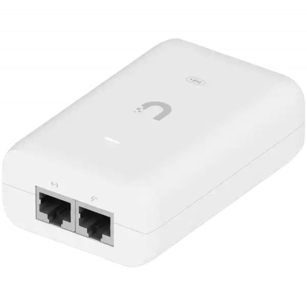 UBIQUITI PoE+ Adapter; Delivers up to 30W of PoE+; Additional power drives devices such as U6 LR, U6 Enterprise, Camera DSLR, and other PoE+ devices; Surge, peak pulse, and overcurrent protection; Contains RJ45 data input, AC cable with earth ground, and PoE+ output; LED indicator for status monitoring.