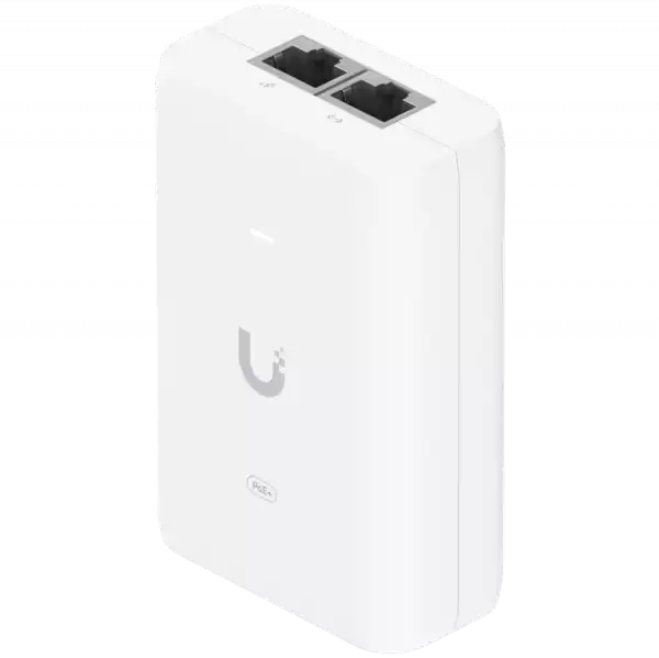 Ubiquiti U-POE+ adapter 30W, powers UniFi PoE+ devices, reduce dependency on PoE switch power, Contains RJ45 data input, AC cable with earth ground, and PoE+ output