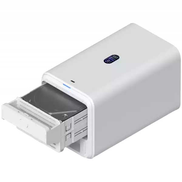 Ubiquiti UniFi  UNAS-2-W-EU Network Attached Storage with (2) 3.5inch HDD bays, 2.5 GbE networking, USB-C connectivity, and an included PoE++ adapter, all in a compact footprint