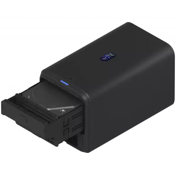 Ubiquiti UniFi UNAS-2-B-EU Network Attached Storage with (2) 3.5inch HDD bays, 2.5 GbE networking, USB-C connectivity, and an included PoE++ adapter, all in a compact footprint, black