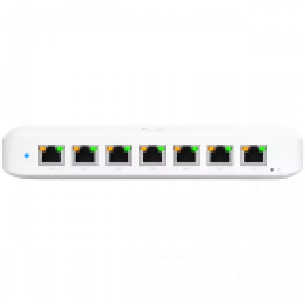Ubiquiti USW-Ultra-210W-EU compact, Layer 2, 8-port GbE PoE switch with versatile mounting options, 7x GbE PoE+ output ports, GbE port with optional PoE++ input, 202W PoE availability with the included AC power adapter