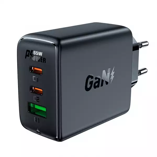 Acefast Универсално зарядно за стена Charger Wall GaN PD65W - A41 - USB-C x 2, USB-A x 1, Black