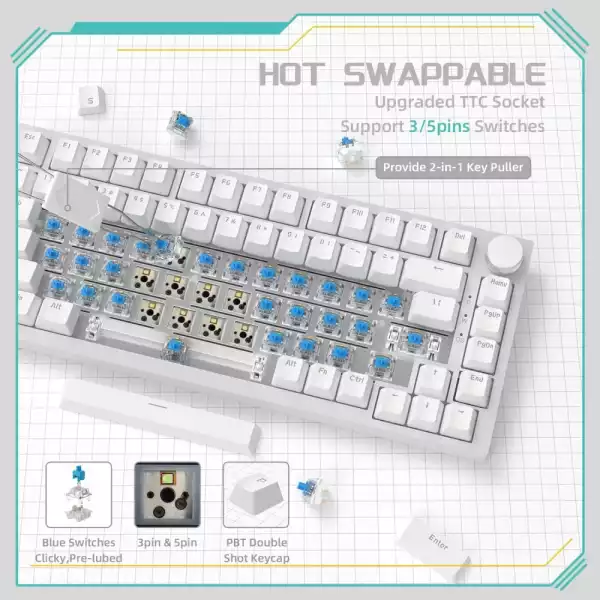 Ajazz геймърска механична клавиатура Gaming Mechanical Keyboard AK820 - Blue Switches [Tactile] (English US), White, Blue Light