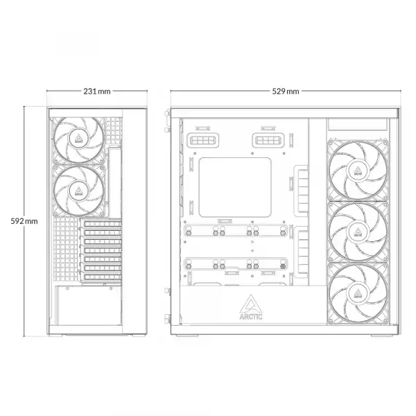 Arctic кутия Case E-ATX - Xtender VG (White) - PCIe Gen 4 riser included, 5 A-RGB Fans included