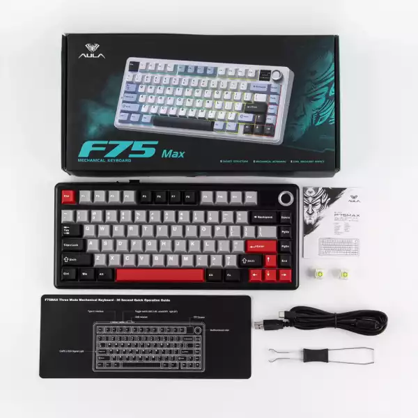 Aula геймърска механична клавиатура Wireless Gaming Mechanical Keyboard F75 MAX - Reaper Switch [Linear] (English US), Black, Red