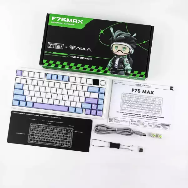 Aula геймърска механична клавиатура Wireless Gaming Mechanical Keyboard F75 MAX - Reaper Switch [Linear] (English US), White, Blue, Purple