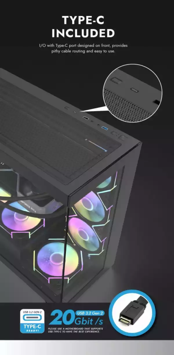 Darkflash кутия Case ATX - DS900 Black - 7 x 120 mm A-RGB fans included, USB-C