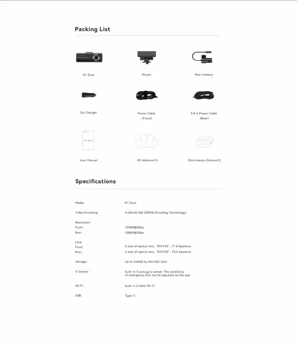 DDPAI Видеорегистратор Dash Cam Set N1 DUAL, Rear Cam included DDPAI Видеорегистратор Dash Cam Set N1 DUAL, Rear Cam included