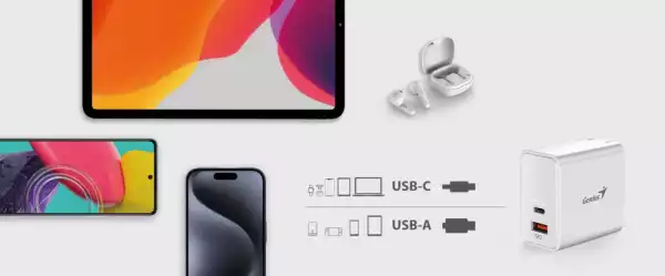 Genius Универсално зарядно за стена Charger Wall GaN - USB Type-C/A 65W White - PD-65AC