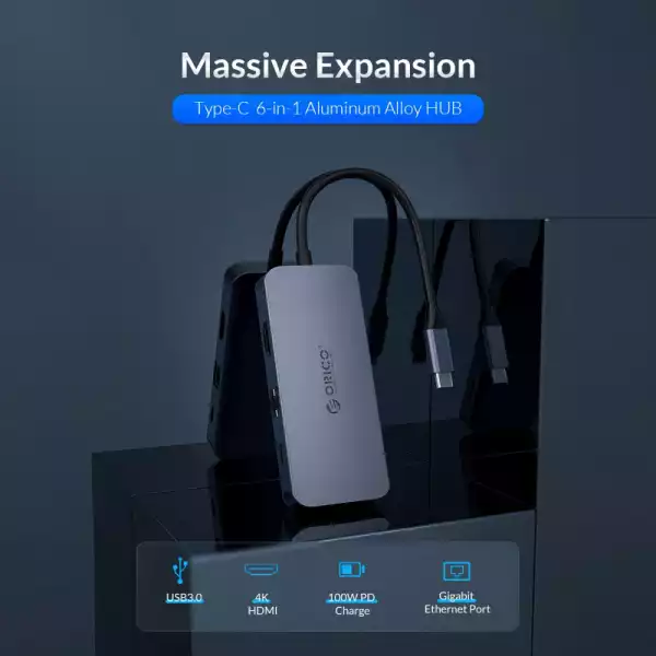 Orico докинг станция Docking Station Type-C Power Distribution 3.0 100W - LAN, HDMI, Type-C x 1, USB3.0 x 3 -  MC-U602P