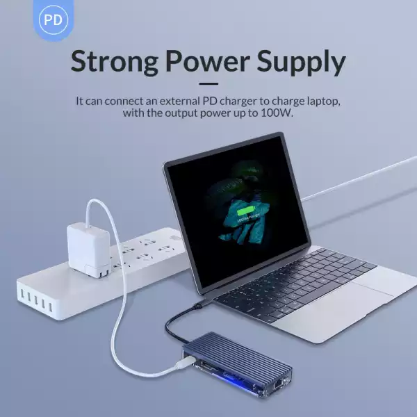 Orico докинг станция Type-C Docking Station Power Distribution 3.0 100W - HDMI, Type-C x 1, USB3.0 x 3, LAN, SD - WB-8P-GY