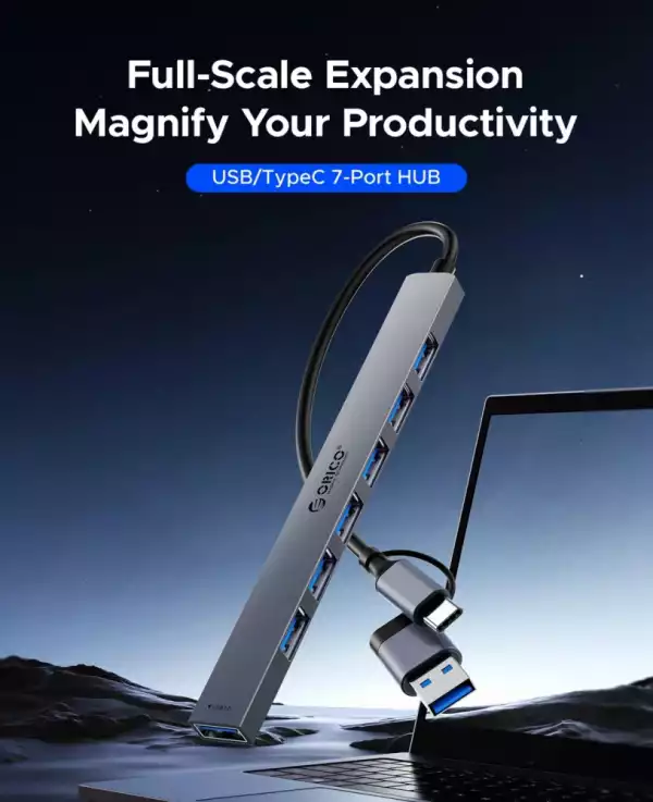 Orico хъб HUB USB-C 5 port - USB3.0 x 1, USB2.0 x 2, USB-C x 2, Aluminium - YSA4-U2-GY