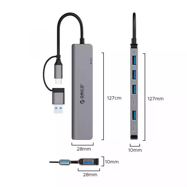 Orico хъб HUB USB-C/USB-A 7 port - USB-C x 2, USB3.0 x 1, USB2.0 x 4, Aluminium - YSA7-U3-GY