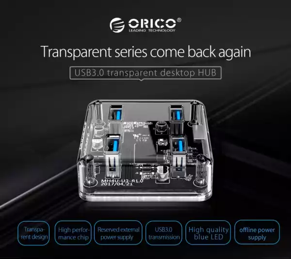 Orico хъб USB3.0 HUB 4 port transparent, 1m cable - MH4U-U3-10-CR Orico хъб USB3.0 HUB 4 port transparent, 1m cable - MH4U-U3-10-CR