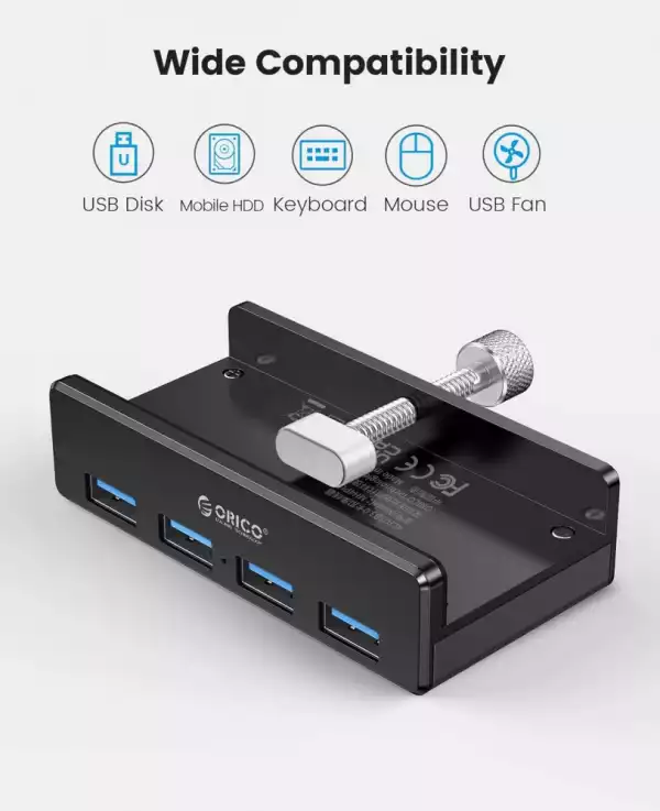 Orico хъб USB 3.0 HUB Clip Type 4 port, Black - MH4PU-BK