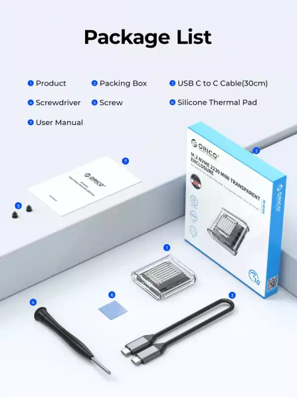 Orico външна кутия за диск Storage - Case - M.2 2230 NVMe - TC20-M2-10G-GY-BP - 10Gbps, Gray