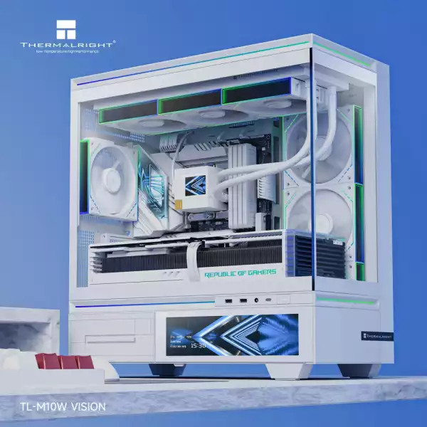 Thermalright кутия Case mATX - TL-M10 Vision White - 4 x 120 mm ARGB included, 9.16 inch LCD Display, USB-C