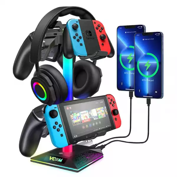 VCom стойка за слушалки Headphone Stand - VCOM-M701S - RGB, USB HUB