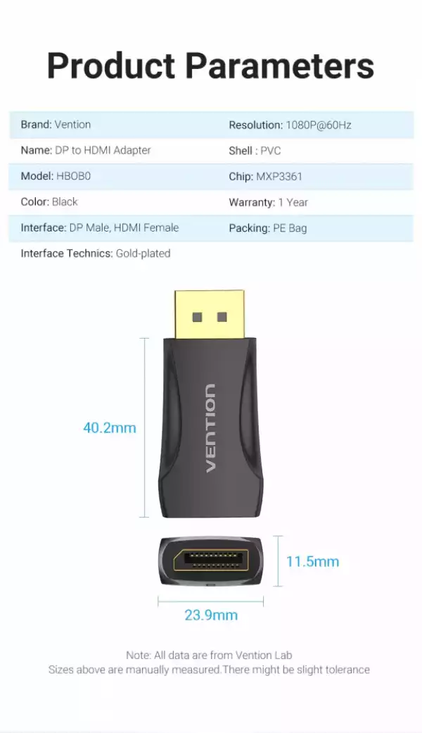 Vention адаптер Adapter DisplayPort DP M / HDMI F Gold plated - HBOB0 Vention адаптер Adapter DisplayPort DP M / HDMI F Gold plated - HBOB0