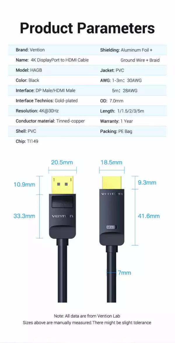 Vention кабел Cable DisplayPort to HDMI 1.5m - 4K, Gold Plated - HAGBG