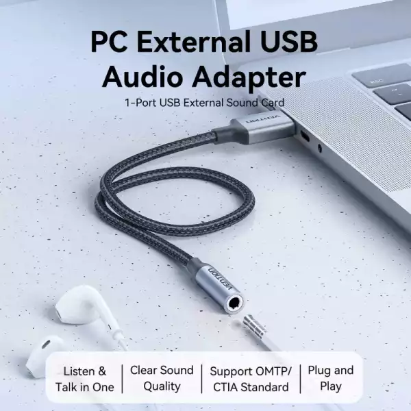 Vention външна звукова карта USB Sound card 1-Port 0.25M Gray - CVFHC