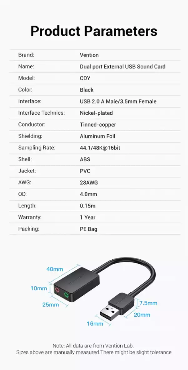 Vention външна звукова карта USB Sound card - CDYB0