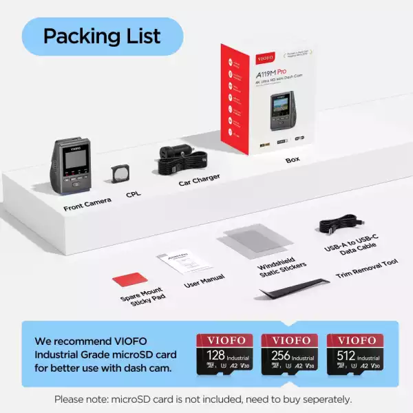 VIOFO Видеорегистратор Dash Cam A119 M Pro 4K - 30fps, Sony STARVIS 2, WiFi 6, GPS