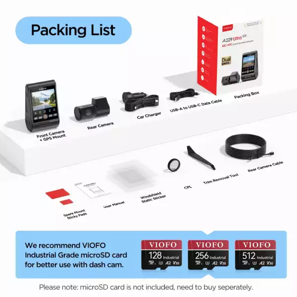 VIOFO Видеорегистратор Dash Cam A229 Ultra 2 Channel - 4K, HDR, Dual Sony STARVIS 2 8MP, GPS, Bluetooth