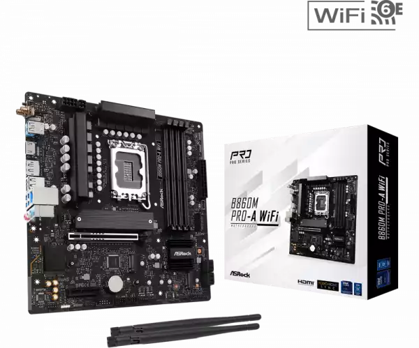 ASROCK MB Desktop B860M Pro-A Wi-Fi, S.1851, 4x DDR5, 1x PCIe 5.0 x16, 1x PCIe 4.0 x4, 1x Blazing M.2, 2x Hyper M.2, 4x SATA3, 2x USB-C, 5x USB 3.2, 6x USB 2.0, 1x RJ-45 2.5GB Lan, 802.11axe Wi-Fi 6E, BT 5.3 1x HDMI, 1x DP 1.4, mATX