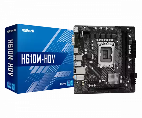 ASROCK Main Board Desktop H610M-HDV (S1700, 2x DDR4, 1x PCIe x16, 1x PCIe x1, 4x SATA3 6.0Gb/s, 4x USB 3.2, 6x USB 2.0, 1x VGA, 1x HDMI, 1x DP 1.4, 1x GLAN, mATX) Retail ASROCK Main Board Desktop H610M-HDV (S1700, 2x DDR4, 1x PCIe x16, 1x PCIe x1, 4x SATA3 6.0Gb/s, 4x USB 3.2, 6x USB 2.0, 1x VGA, 1x HDMI, 1x DP 1.4, 1x GLAN, mATX) Retail
