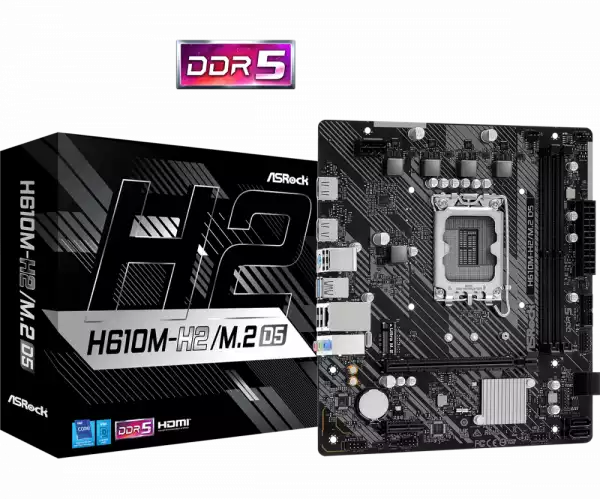 ASROCK MB Desktop H610M-H2/M.2, S1700, 2x DDR5, 1x PCIe 4.0 x16, 1x PCIe 3.0 x1, 1x SSD Ultra M.2 PCIe, 4x SATA3 6.0Gb/s, 4x USB 3.2, 6x USB 2.0, 1x VGA, 2x HDMI, 1x GLAN, mATX.