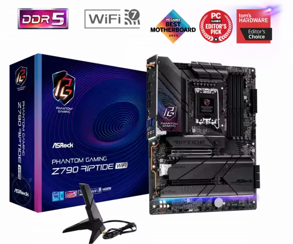 ASROCK MB Desktop Z790 Riptide Wi-Fi S1700, 4x DDR5, 1x PCIe 5.0 x16, 1x PCIe 4.0 x16, 1x PCIe 3.0 x1, 1x Blazing M.2, 4x Hyper M.2,  8x SATA3, 2x USB-C, 8x USB 3.2, 6x USB 2.0, 1x RJ-45 2.5GB, 802.11ax Wi-Fi 7 + Bluetooth 5.4, 1x HDMI, 1x DP 1.4, ATX
