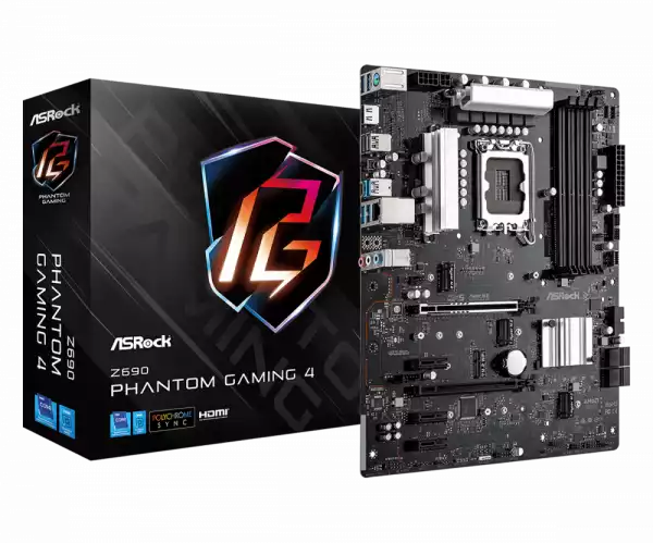 ASROCK Main Board Desktop Z690 Phantom Gaming 4 (S1700, Z690, 4x DDR4, 2x PCIe x16, 3x PCIe x1, 4x SATA3 6.0Gb/s, 2x m.2 PCIe Gen4x4, RAID 0,1,5,10, 10x USB 3.2, 1x USB-C 1x RJ-45 2.5G Lan, HDMI, DP, ATX, Retail ASROCK Main Board Desktop Z690 Phantom Gaming 4 (S1700, Z690, 4x DDR4, 2x PCIe x16, 3x PCIe x1, 4x SATA3 6.0Gb/s, 2x m.2 PCIe Gen4x4, RAID 0,1,5,10, 10x USB 3.2, 1x USB-C 1x RJ-45 2.5G Lan, HDMI, DP, ATX, Retail