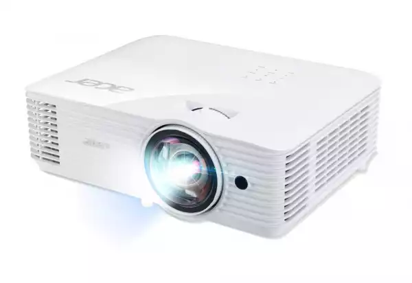 Acer Projector S1386WH, DLP, Short Throw, WXGA (1280x800), 3600 ANSI Lumens, 20 000:1, 1x, 3D ready, HDMI, VGA out, DC Out (5V/1A, USB-A), RCA, Audio in/out, Speaker 16W, Bluelight Shield, Bag, 3.1kg, 3Y, White