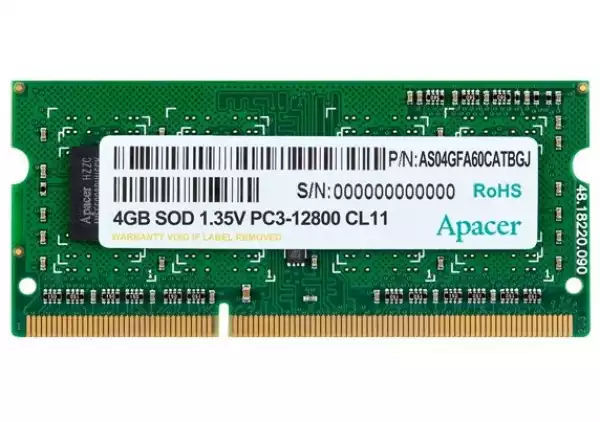 Apacer 4GB Notebook Memory - DDR3 SODIMM 512x 8, Low Voltage 1.35V PC12800 @@ 1600MHz