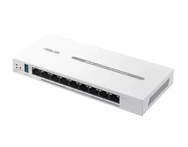 Asus Business Gigabit PoE+ VPN Wired Router, ExpertWiFi EBG19P, 8 PoE+ ports, 123W, 1 gigabit WAN+2 gigabit WAN/LAN, USB 3.2, PoE centralized control, SDN, guest portal, Multi-WAN, Commercial-Grade Network Security & VPN, wall mounting,White