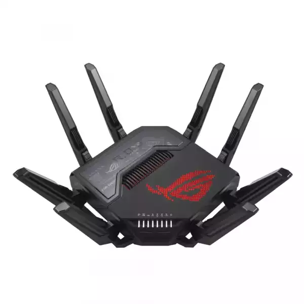 Asus Gaming Wireless Router, ROG Rapture GT-BE98, BE25000, Quad-Band, Quad-Core 2.6GHz CPU, 256MB/2GB Flash/RAM, 10G dual-port, 2.5G quad-port, AiProtection Pro, RangeBoost Plus, AiRadar TX, open NAT, VPN Fusion, multiple SSIDs, IPTV, RGB, AiMesh, Black