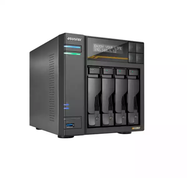 Asustor Lockerstor 4 Gen3 AS6804T 4 Bay NAS, AMD Ryzen Embedded Quad-Core 2.3GHz (burst up to 3.8GHz), Dual USB 4 Ports, Dual 10GbE Ports, Dual 5GbE Ports, 16G ECC RAM DDR5 (Max. 64GB) 4x M.2 SSD Slots (Diskless), 2 x Type C, Black