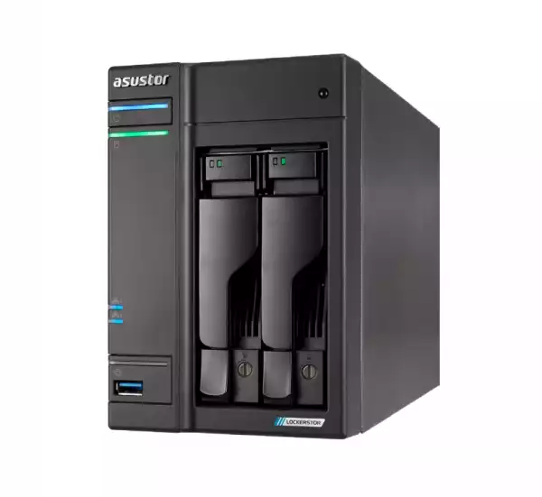 Asustor Lockerstor AS6702T, 2 Bay NAS, Intel Jasper Lake 4C 2.0 GHz, 4GB DDR4 SODIMM, M.2 NVMe x4 slots (Diskless), USB 2.0, USB 3.2 Gen 2x2, Dual 5GbE Ports, WOW (Wake on WAN), AES-NI hardware encryption, MyArchive (support btrfs and snapshot), Black